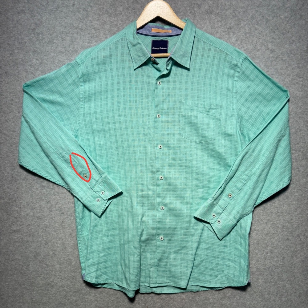 Tommy Bahama Mens XL Linen Cotton Button Up Shirt Seafoam Green Grid Long Sleeve